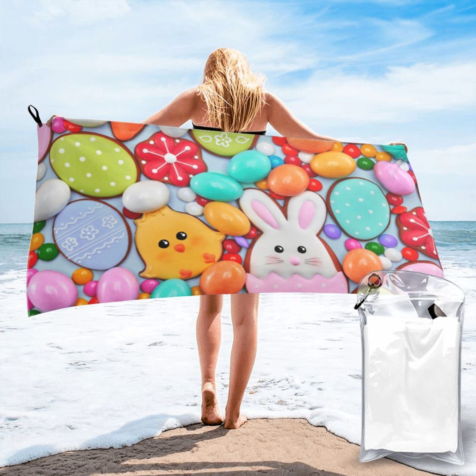 Lawenp Easter Bunny Eggs Microfiber Beach Towel Adults Large Quick Drying Bath Towel Travel Towels with Pouch 27.5"x55"