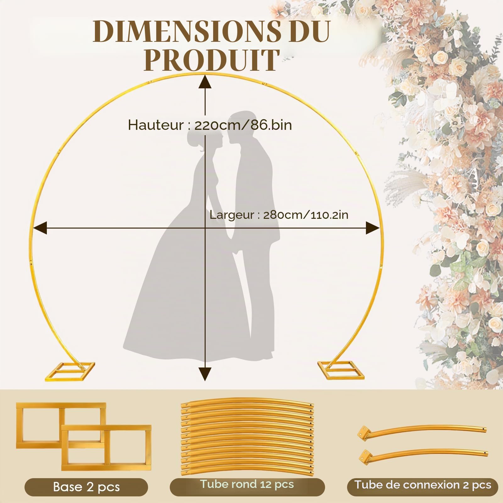 Arche de Mariage 2.2 m x 2.8 m avec Support arrière - Cadre de Fond en métal pour Mariage, Anniversaire, fête, Remise de diplôme, Anniversaire - Kit de décoration de Studio