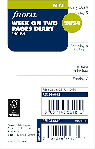 Filofax Recambio de diario para calendario, tamaño mini, sección de notas de semana a vista, papel blanco, sin rayas, inglés, 2024 (C68121-24)