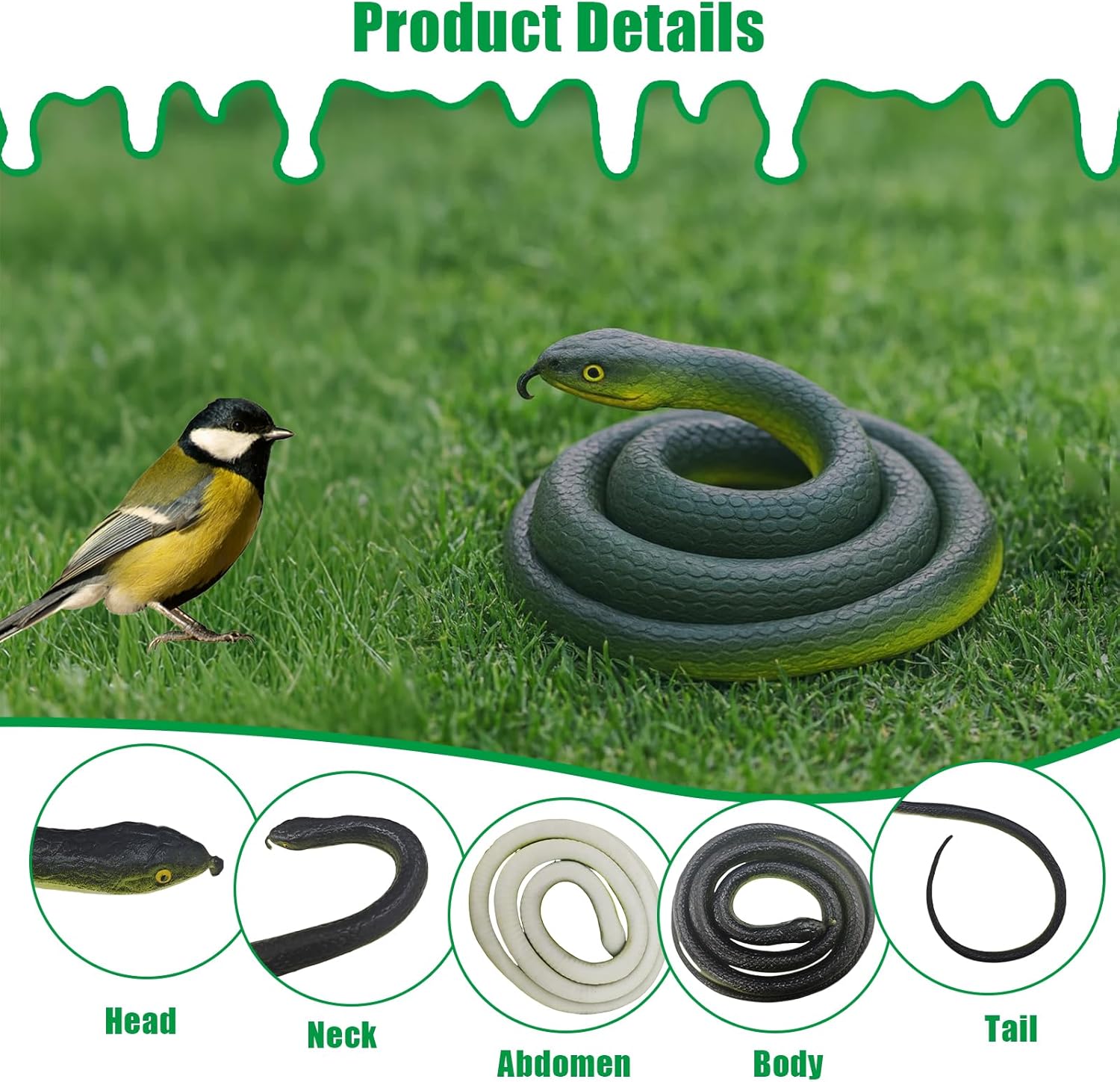 3 Pieces Realistic Fake Rubber Snake,Garden Lifelike Snake to Keep Birds Away Scare Squirrels, Prank Fake Snake