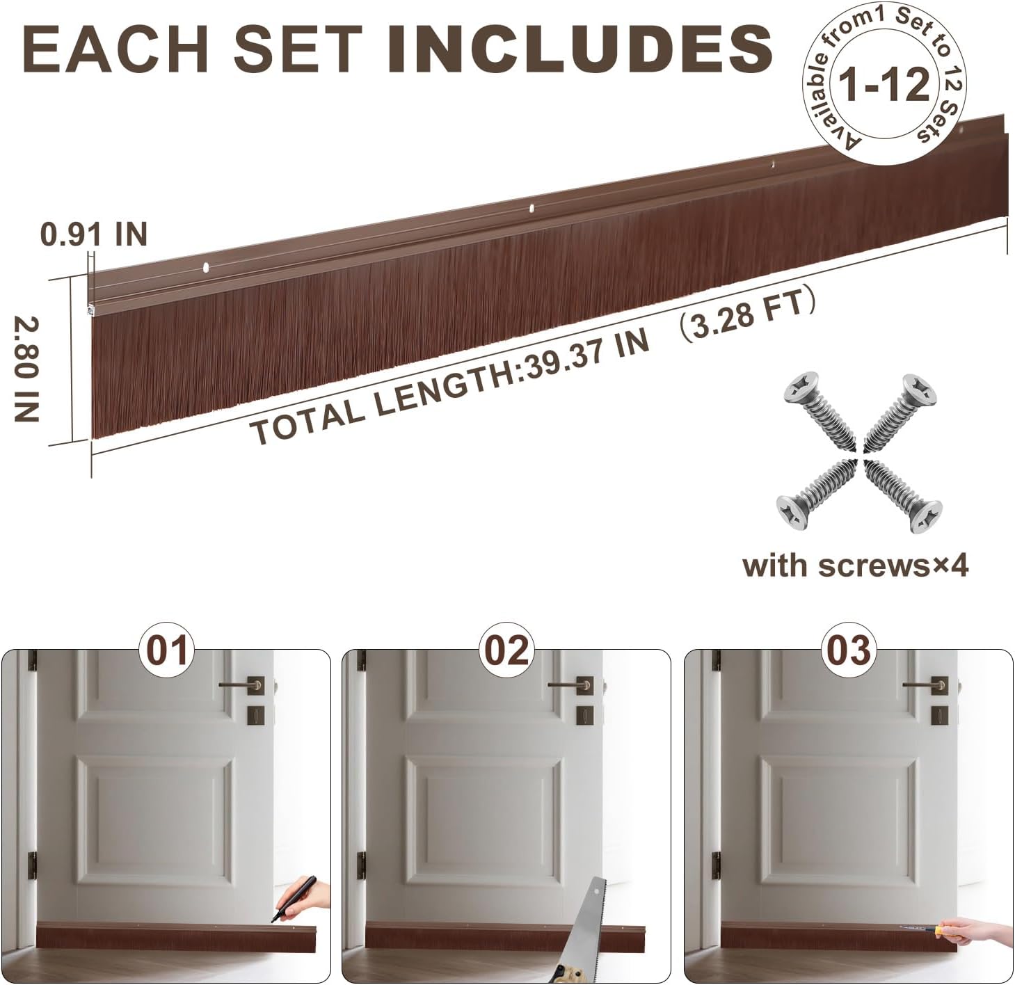 4 Pack Door Brush Sweep | 2.80" x 39.3" CEPIA Brown Aluminum Seal for Garage, Roll-Up & Exterior Doors for Gaps Up to 3" | Install on Bottom, Side, Top & Thresholds (158", 13 FT)