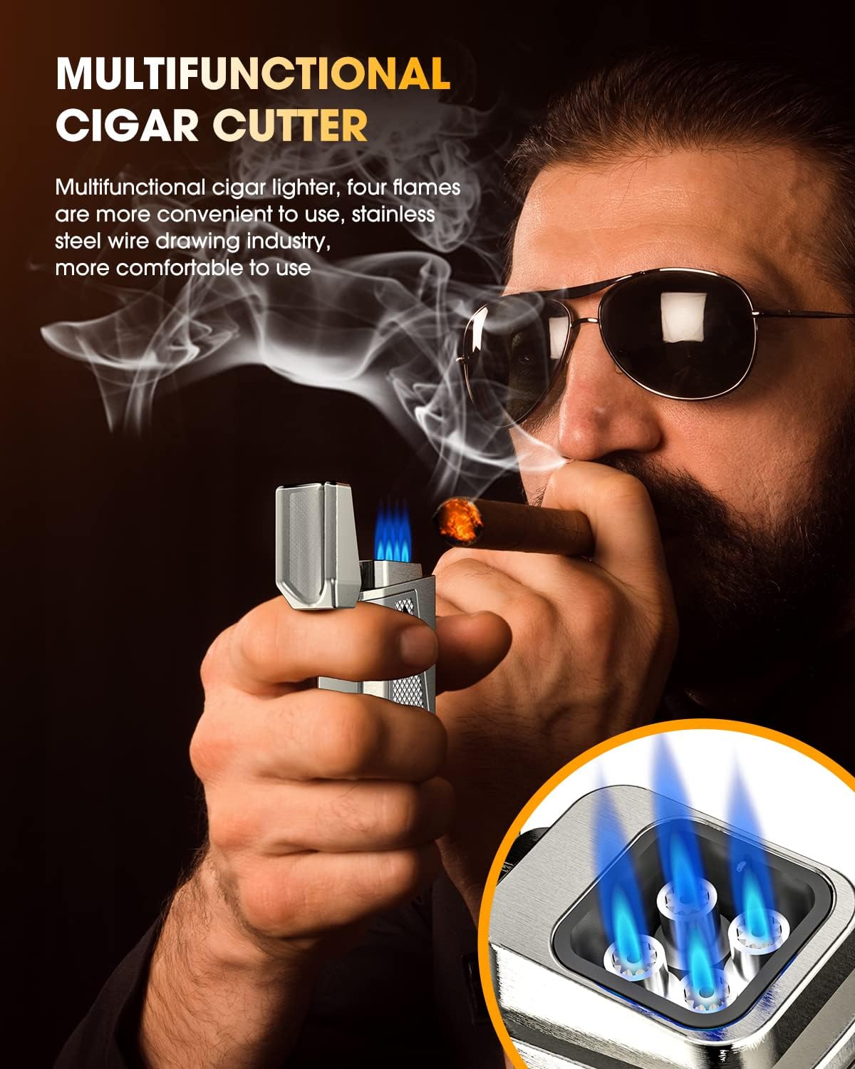 Cigar Lighter 4-Torch Jet Flame - Cigar Punch, Holder, Draw Enhancer, Windproof Refillable Butane Lighter with Gift Box, Multi-Functional Smoking Accessories