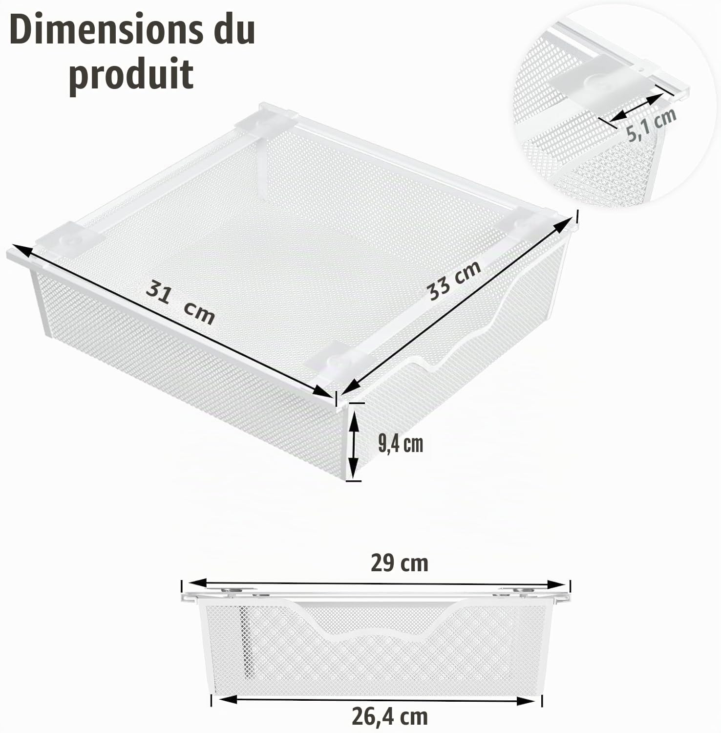 Lot de 2 organiseurs de bureau, tiroir sous table, grande capacité, tiroir en métal, boîte de rangement cachée pour bureau, maison, école, blanc