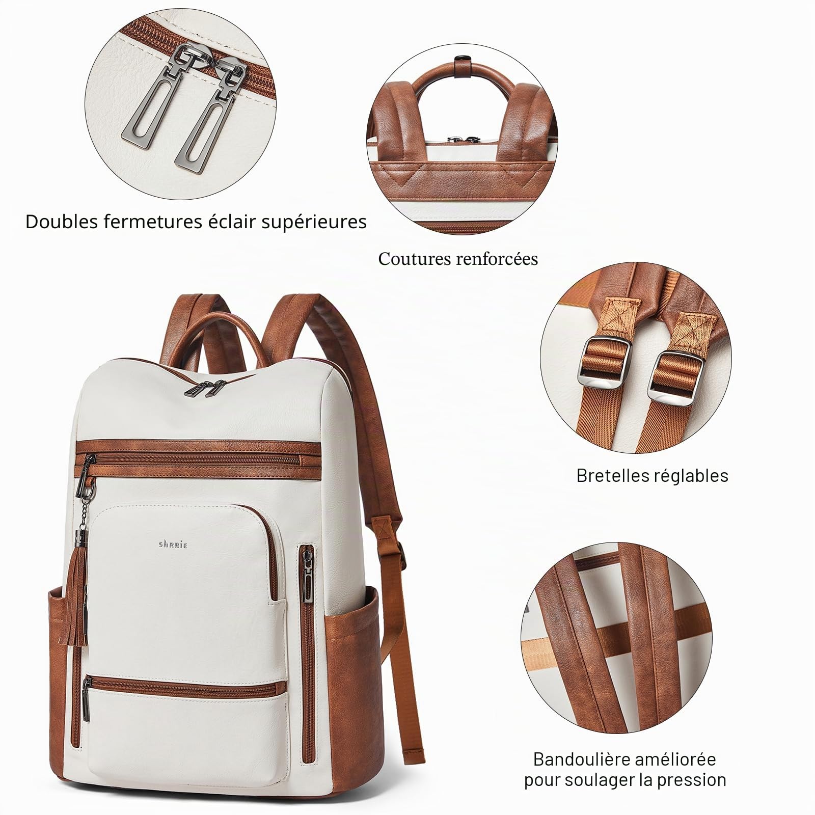 Shrrie amélioré gran Sac à dos de voyage pour ordinateur portable de 17 pouces, Imperméable Sac à dos pour ordinateur portable en cuir végan pour femmes et hommes d'affaires, Beige avec Brown
