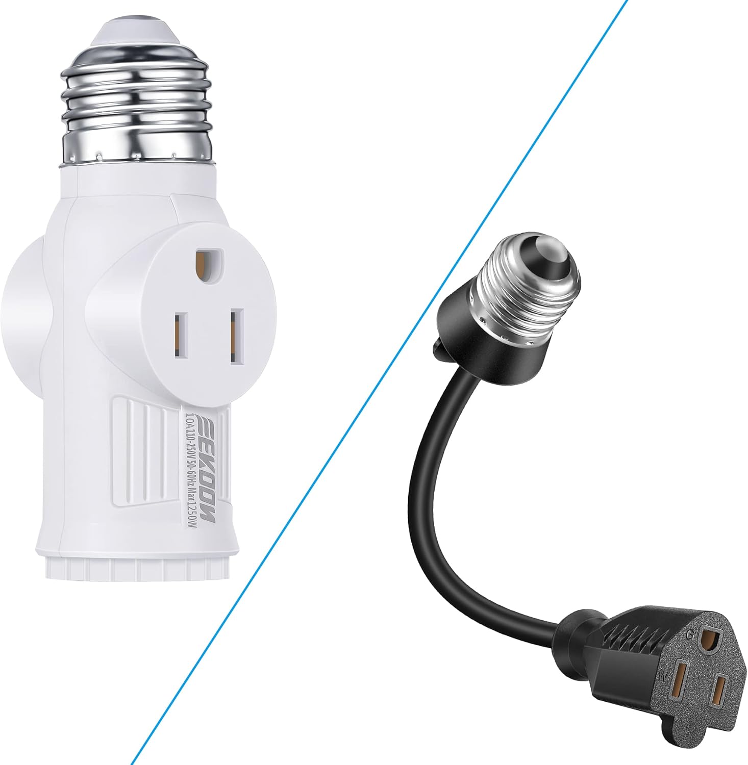 E26/ E27 2 and 3 Prong Light Bulb Socket Adapter Bundle with 3 Outlet Light Socket Adapter with Extension Cord