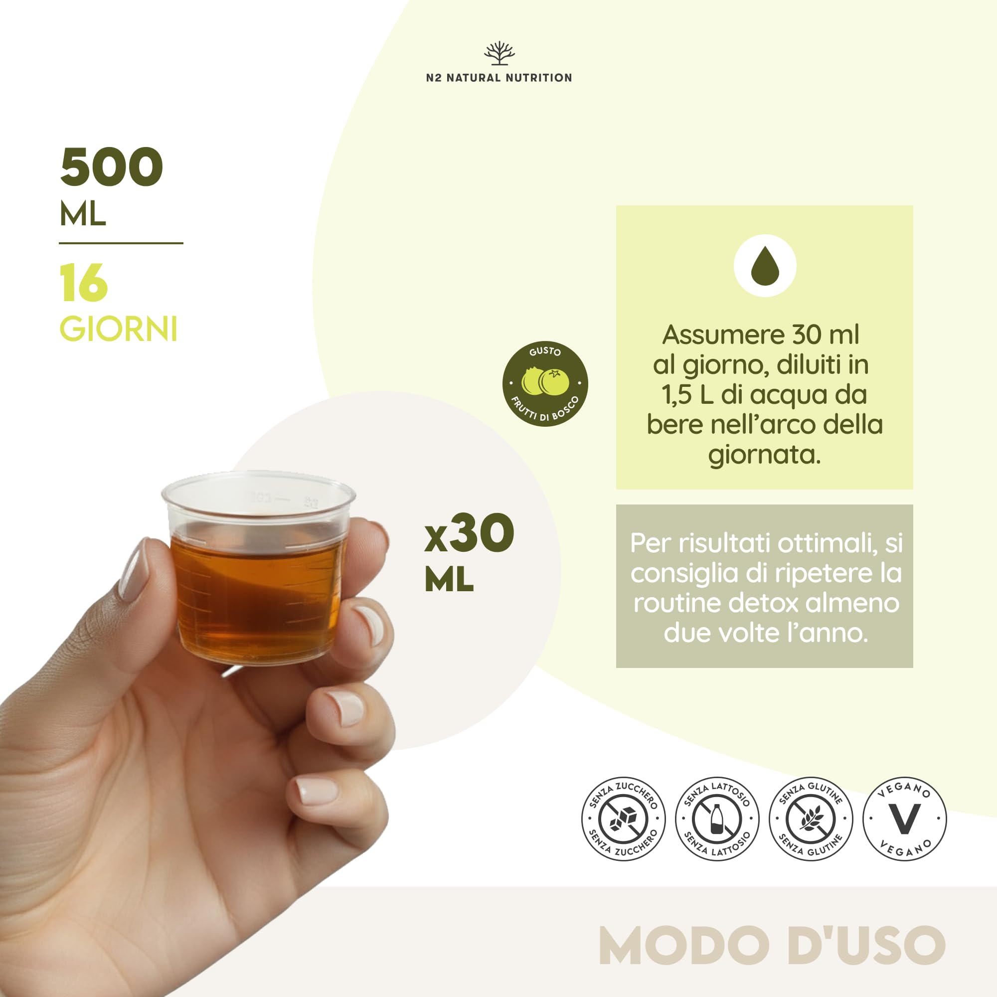N2 Natural Nutrition. DETOX, Formula liquida Tè Verde, Tarassaco, Guaranà, Papaya, 500 ml. Con Tè di Giava, Mate, Ribes Nero, Rabarbaro. VEGANO. CE.
