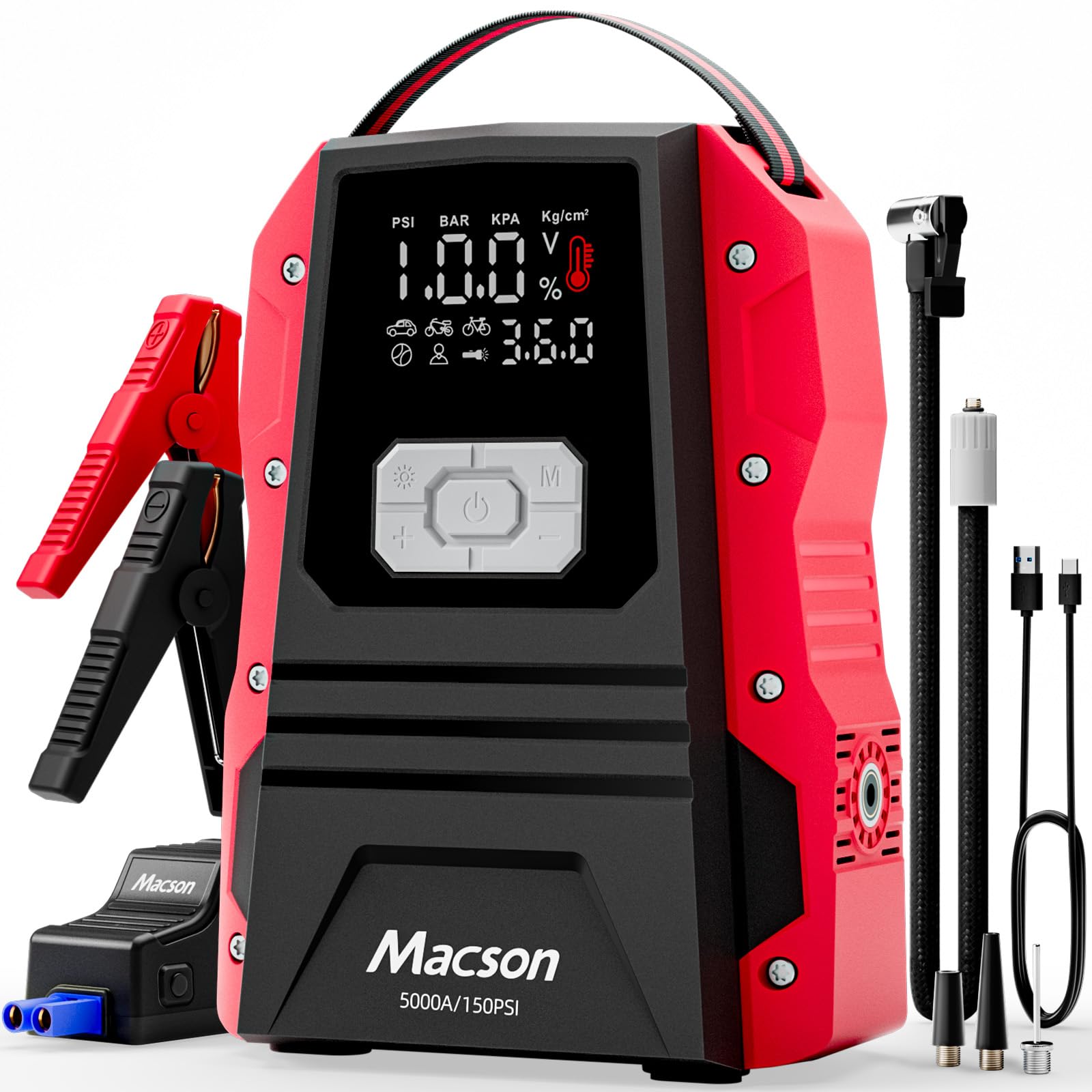 Macson Batteria per auto da 5000 A, batteria portatile da 12 V, per motori diesel da 9,0 l, avviamento con 150 PSI, cavo di avviamento, torcia a LED pieghevole