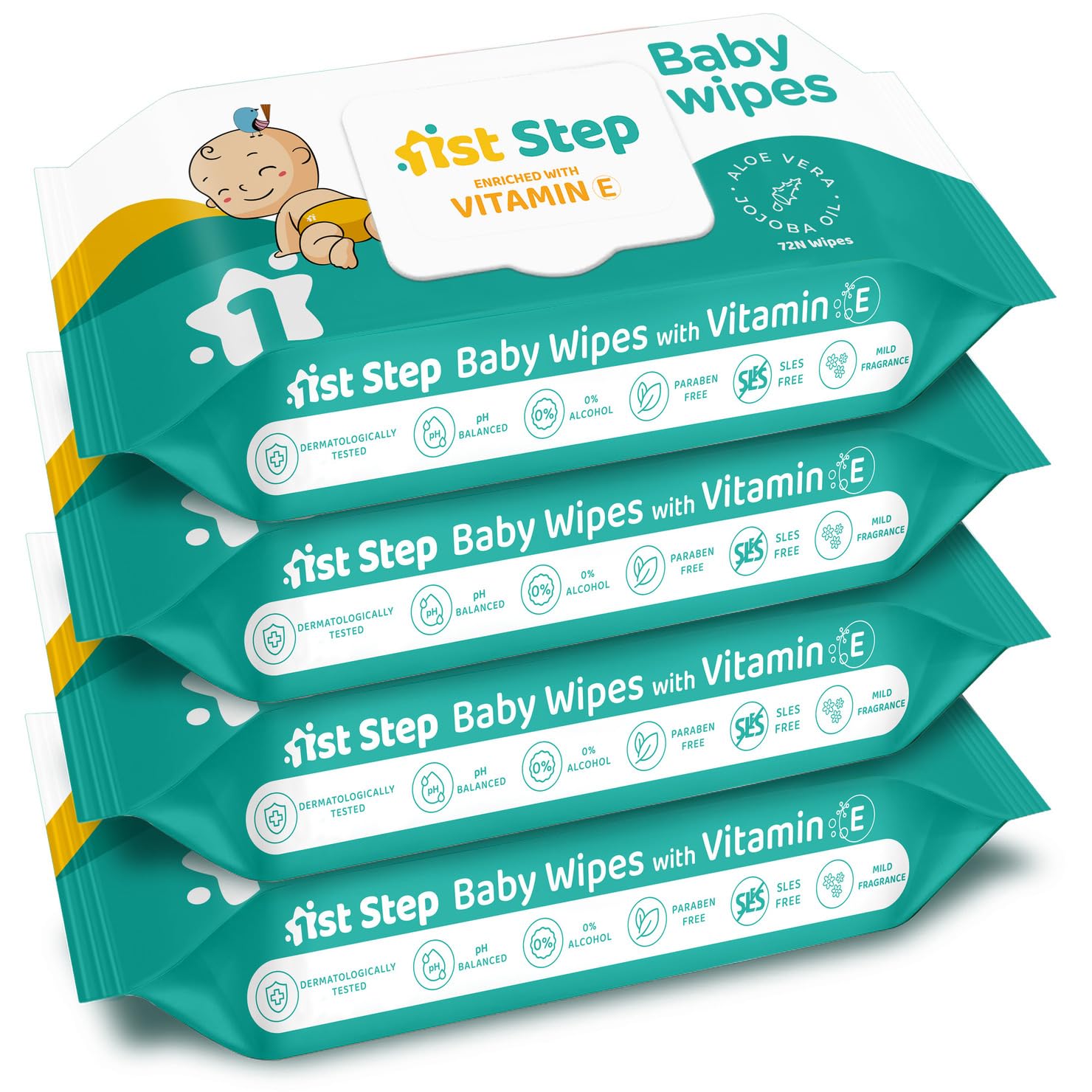1st Step Baby Wet Wipes with Lid Enriched and Aloe-Vera and Jojoba Oil (72 Pcs, Pack of 4)