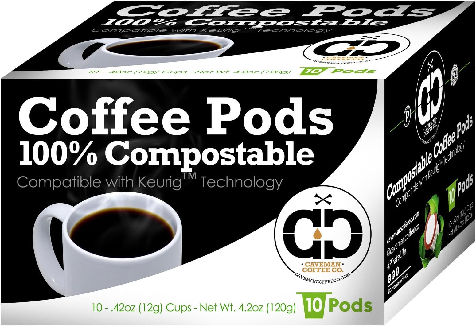 Caveman Coffee Keurig Compatible Coffee Pods, 100% Compostable, Fair Trade and Rainforest Alliance, Certified, Paleo Approved, 10 Count 0.42oz