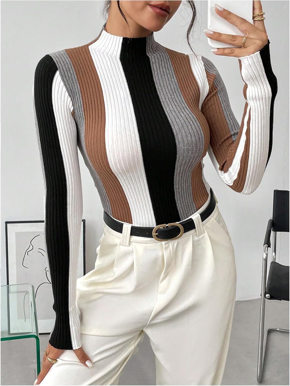 OYOANGLE Women's Color Block Mock Neck Ribbed Sweater Long Sleeve Fitted Knit Pullover Tops - Image 5