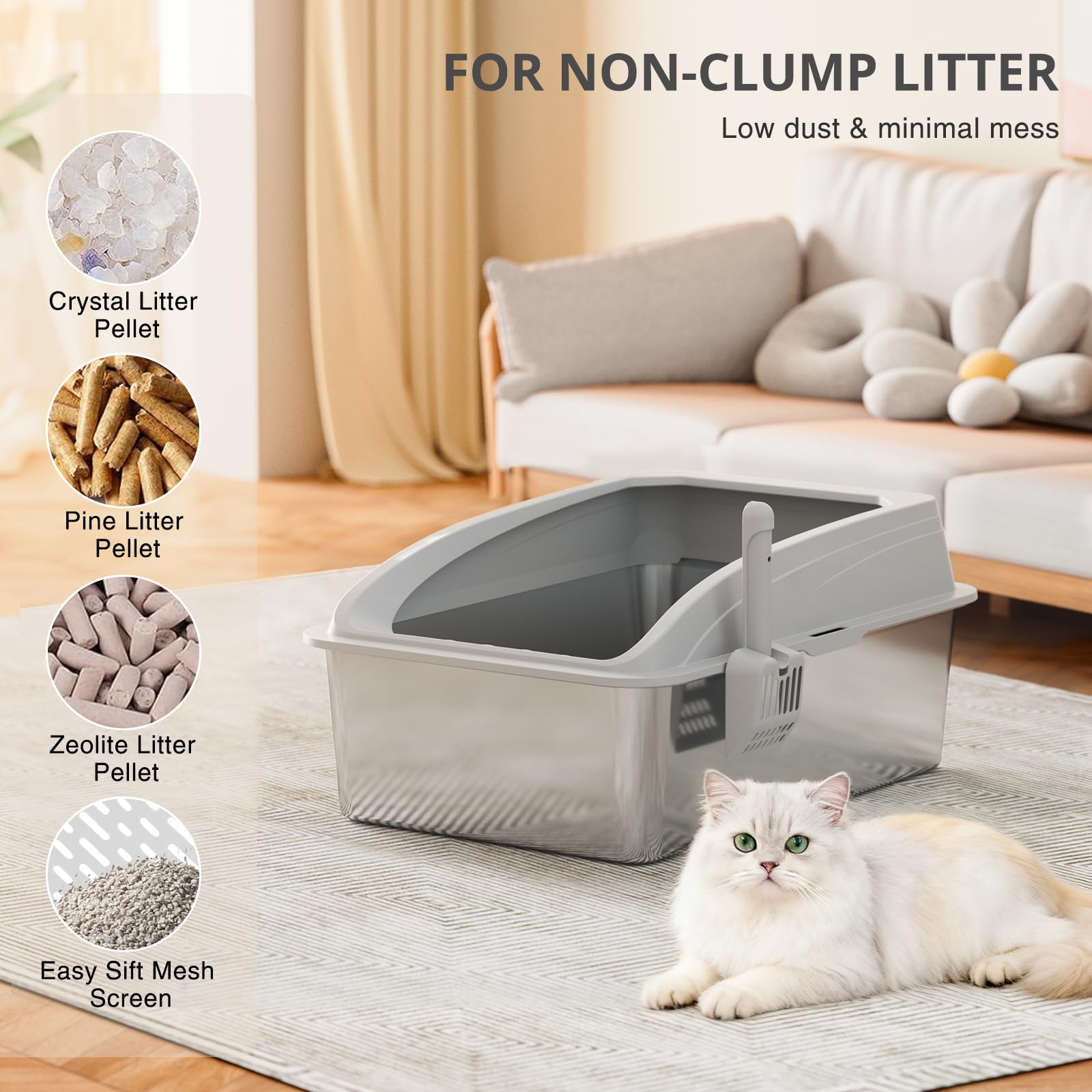 APPKER 23.6"x15.7"x13.78" Stainless Steel Sifting Litter Box with Lid, XL Sifting Design for Pine Pellets, High Sides Metal Litter Box for Big Cats 7.9in Deep, Easy-to-Clean, Non-Stick - image 5