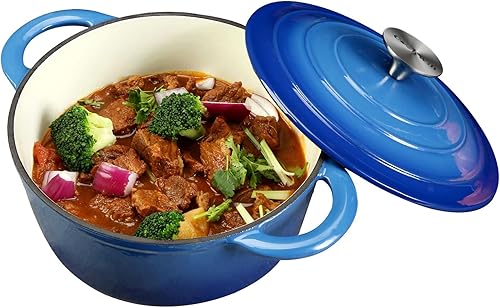 Horno holandés de hierro fundido esmaltado de 5 cuartos de galón con tapa de auto-hilvanado, horno holandés de alta resistencia azul, doble asa,