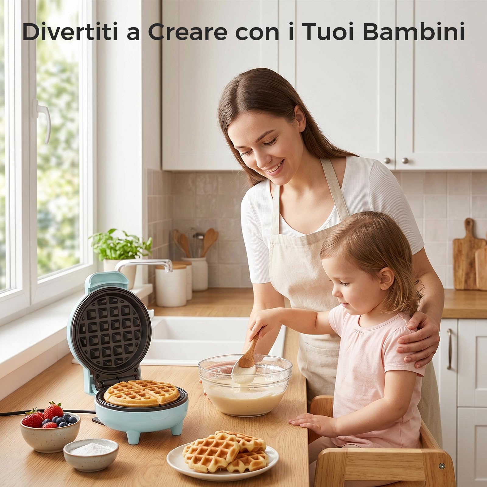 YASHE Mini piastra per waffle, 550 W, mini macchina per waffle con rivestimento antiaderente, spia di controllo, manico Cool Touch, piastra per waffle compatta per colazione, dessert e snack, blu