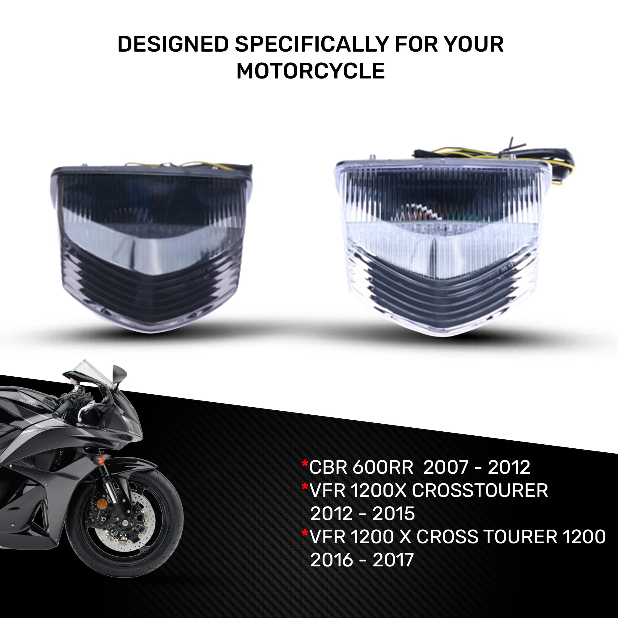 avdb-moto Światło tylne/stop LED kompatybilne z HONDA Crosstourer 1200 VFR X SC70 2012-2015, CBR 600 RR 600RR PC40 2007-2008, CBR 600 RR 600RR PC40 2009-2012 + Wbudowane kierunkowskazy (Jasna biel)