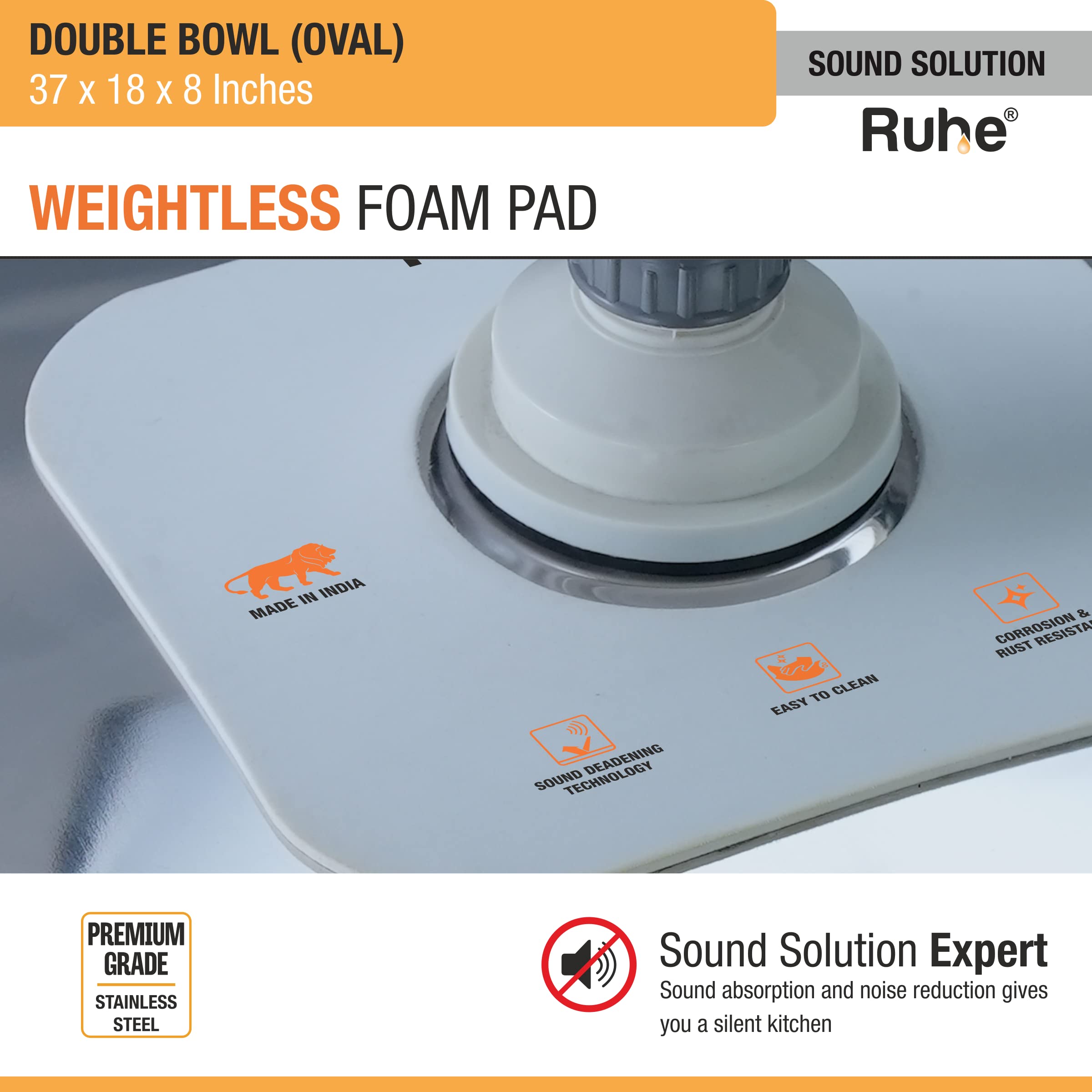 RuheοΏ½ Oval Double Bowl 37 x 18 x 8 inches Kitchen Sink | Premium Stainless Steel Oval Double Bowl Kitchen Sink | Glossy Finish | Sink Coupling and Waste Pipe 3