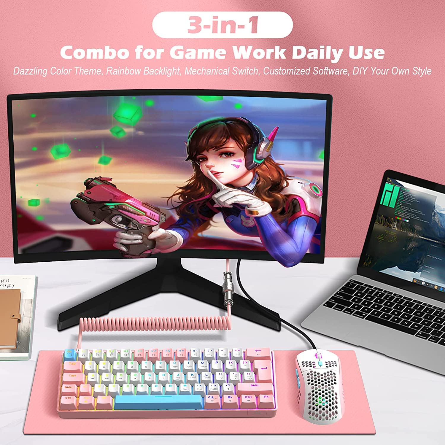 ZIYOU LANG Przewodowa kombinacja klawiatury i myszy do gier + spiralny kabel USB C T60 Pro-Compact 60% układ brytyjski podświetlana klawiatura mechaniczna klikalny niebieski przełącznik-6400 dpi
