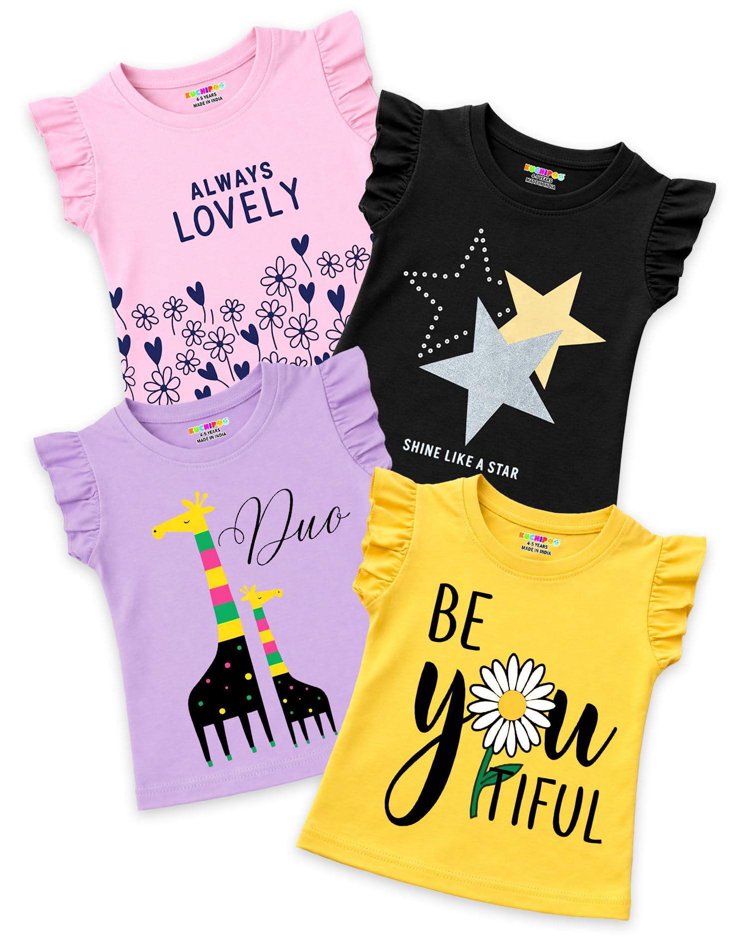 Kuchipoo Girls Cotton Printed Frill Sleeve T-Shirts Combo Pack | Casual Graphic Summer Tops for Girls | Pack of 4