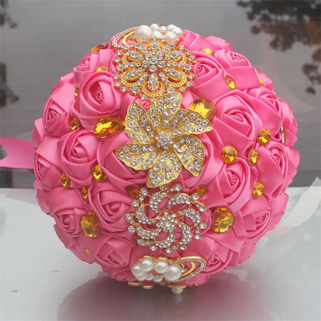 HJRegaFimu Gold Brooch Hand Holding Flower Bouquets Bridal Bridesmaid Crystal Silk Wedding Bouquet 18cm Light En8