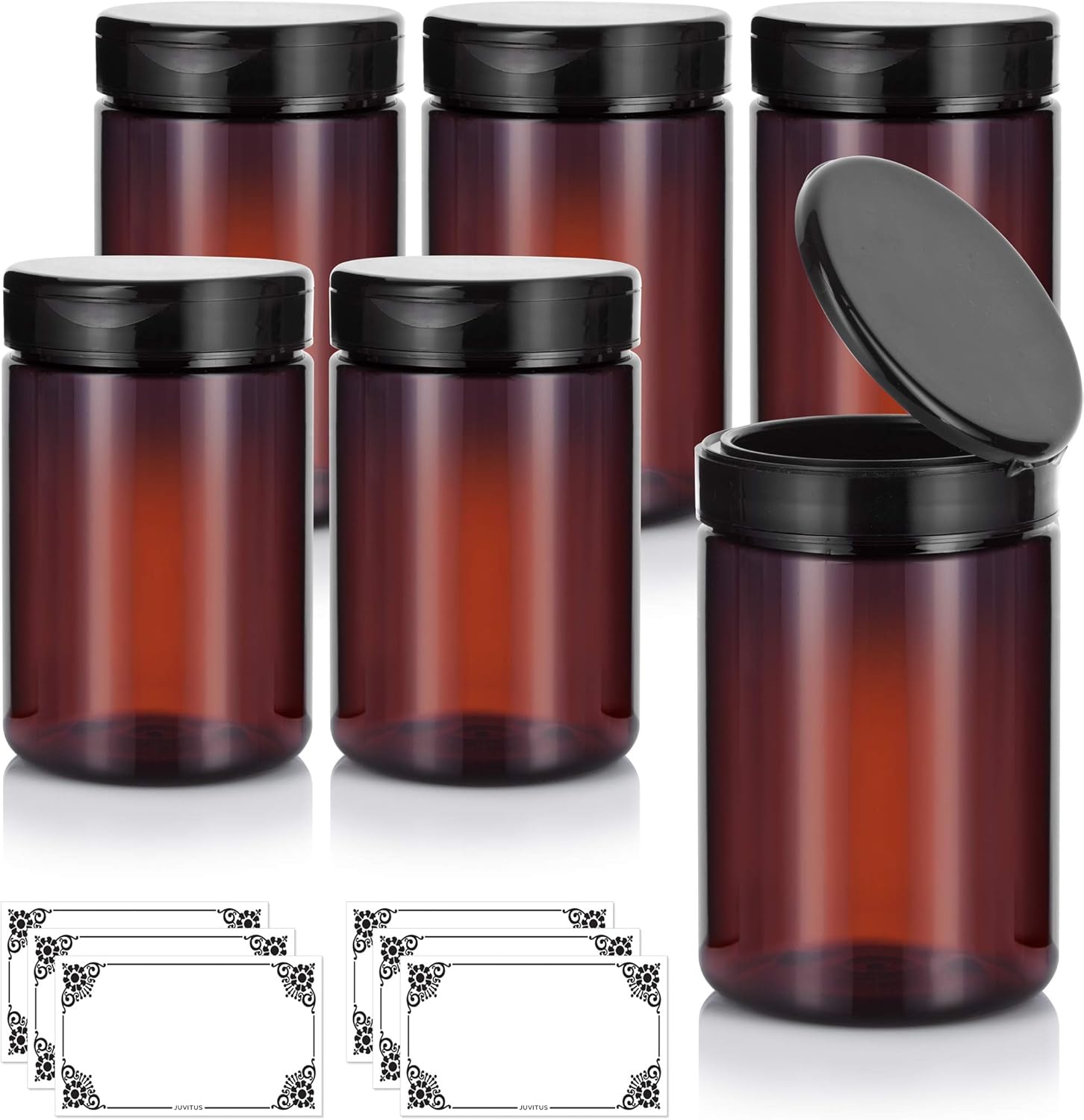 Amber Large 25 oz PET Plastic (BPA Free) Refillable Jar with Black Flip Top Cap - (6 pack) + Labels