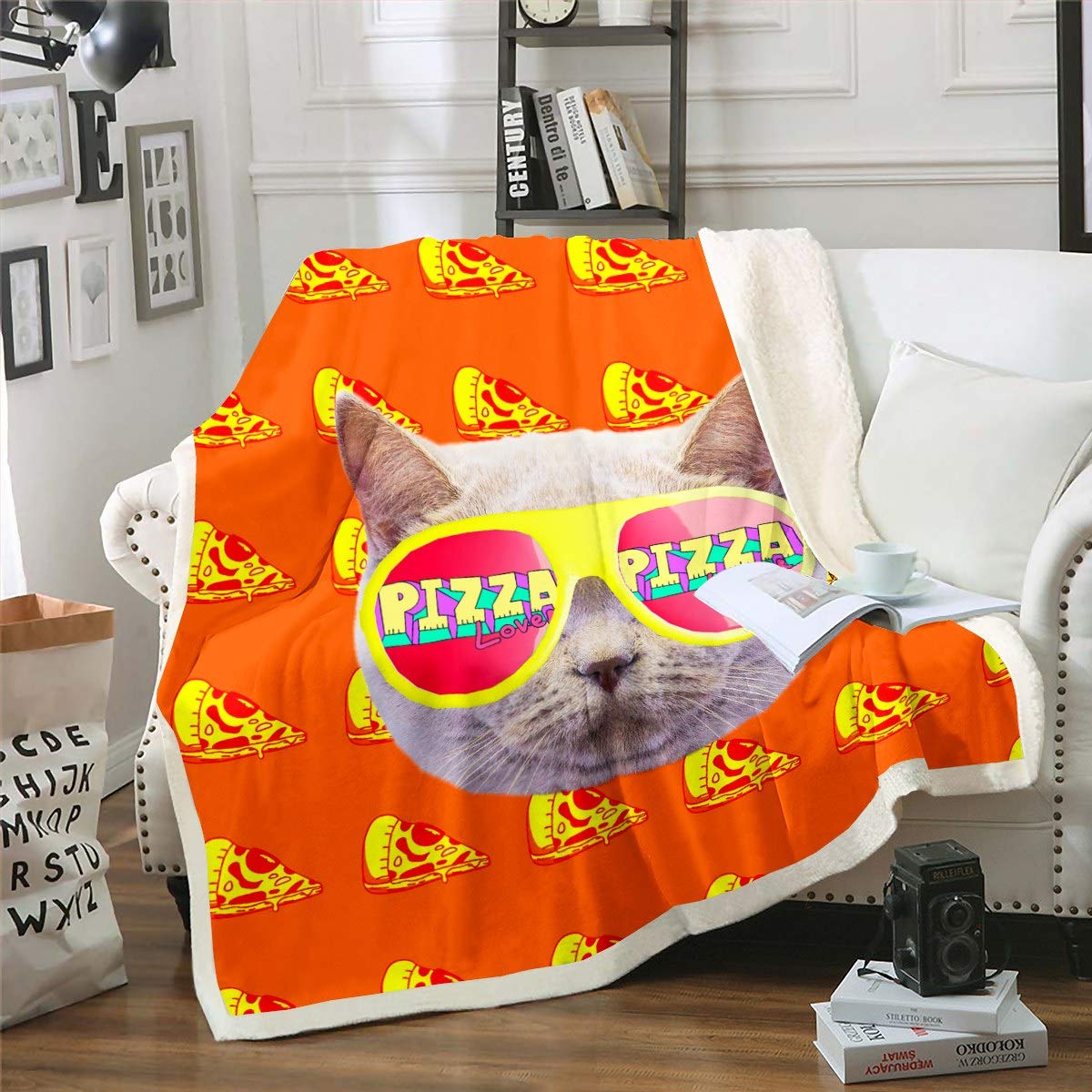 Loussiesd Pizza Cat for Kids Boys Girls Cute Cat Print Fleece Blankets 3D Animal Theme Blanket Delicious Food Sherpa Blanket for Couch Bed Sofa CCCCCs King 87"*94"