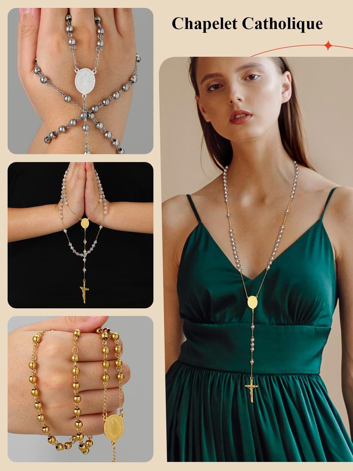 FaithHeart Collier Chapelet Catholique en Acier Inoxydable pour Femme Homme, Chaîne de Rosaire 66cm avec Médaille de Vierge Marie et Pendentif Crucifix, Cadeau Bijou pour Communion et Baptême
