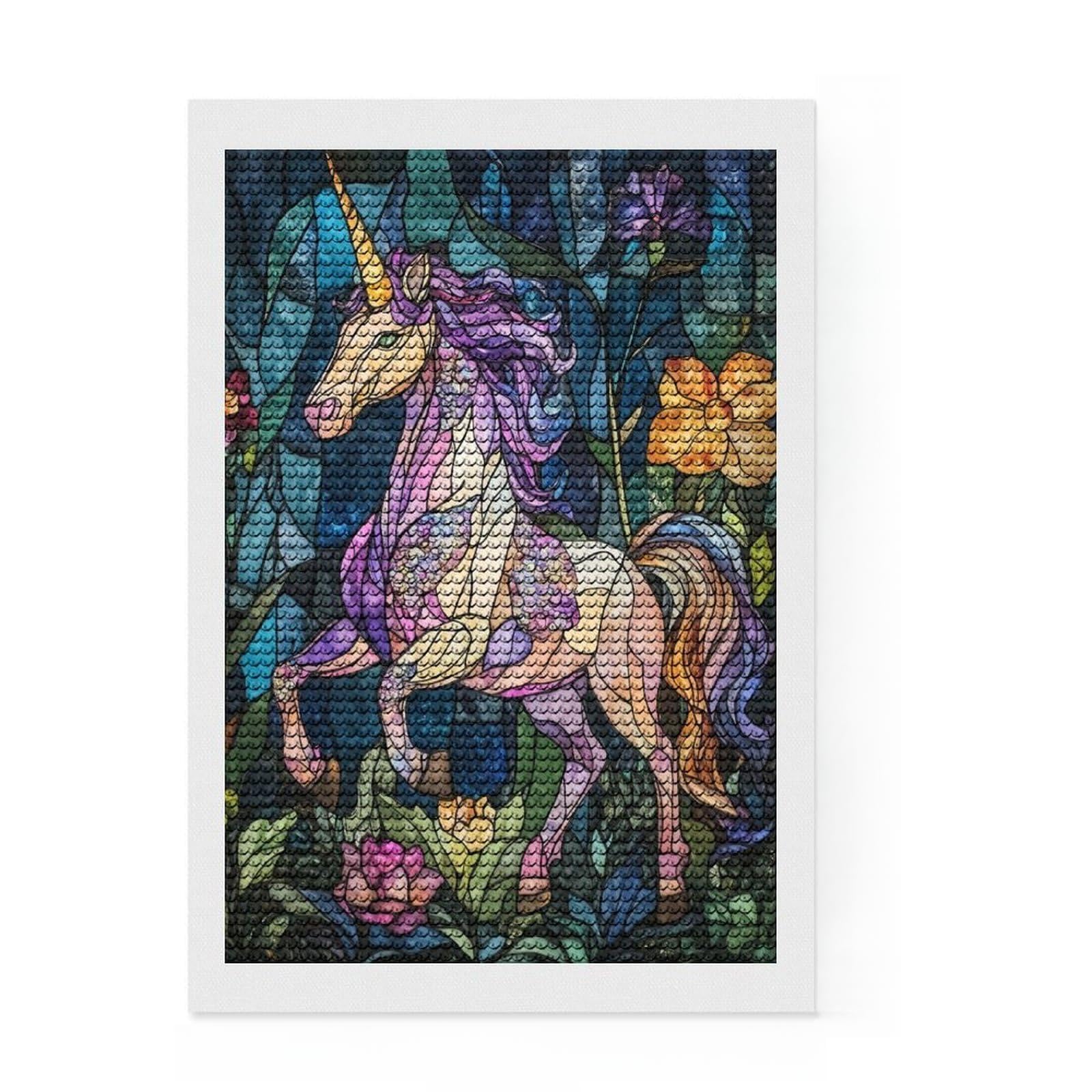 Junmoney Stained Glass Unicorn Diamond Painting Set 8"x12", Sparkling Round Gems, Satisfying Creative Project, Fun Craft Experience, Office Decor