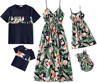PATPAT Family Matching Outfits Mommy and Me Dresses Hawaiian Vacation Tropical Print Spaghetti Strap Dress and Shirt Set