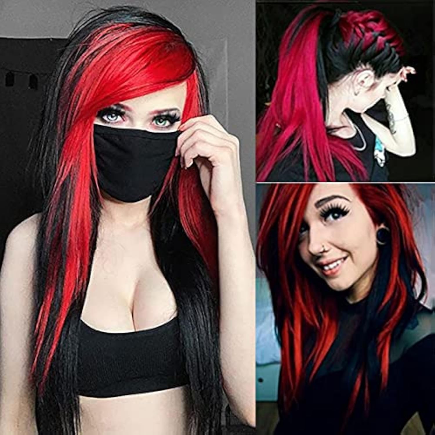 Qnbiar Long Red Black Wig Silky Straight Synthetic Heat Resistant Side Bangs Halloween Costume Hair Wigs for Women - Image 2