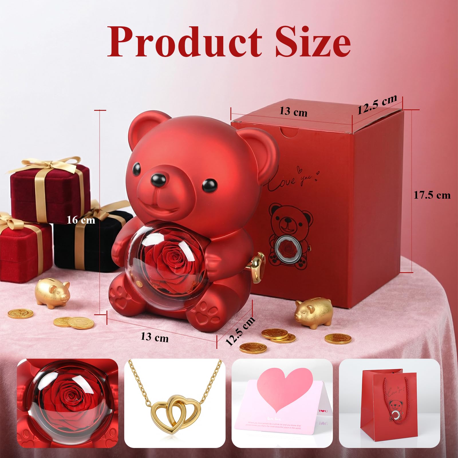 Cute Teddy Bear with Preserved Rose, Real Eternal Rose in Bear with Elegant Gift Box, Romantic Keepsake for Her – Anniversary, Birthday, Valentine’s Day, Weddings & Mother’s Day (Red)