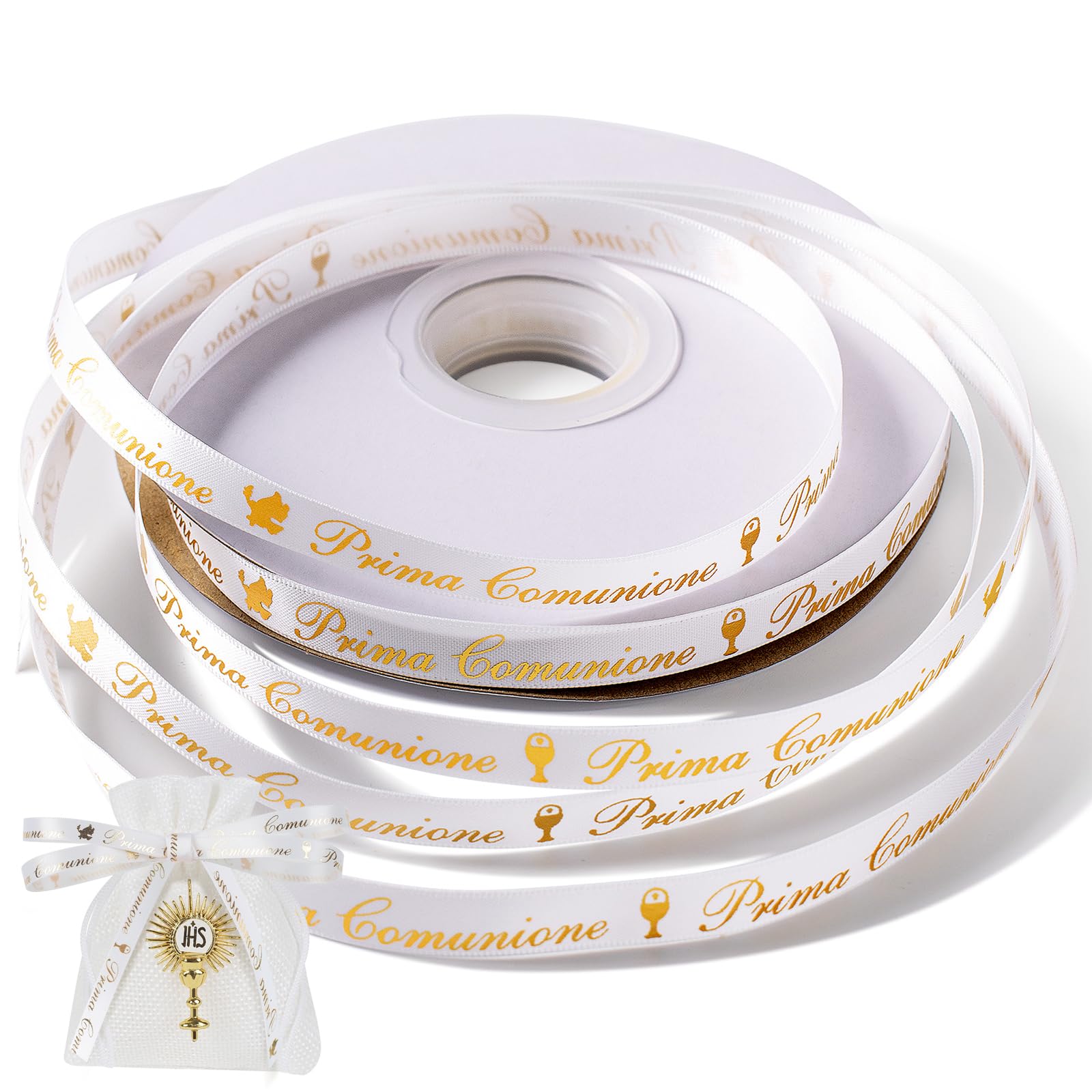 Nastro Doppio Raso Bianco E Oro Per Prima Comunione, 10 Mm X 45 M, Con Stampa Sacra – Bomboniere E Confetti