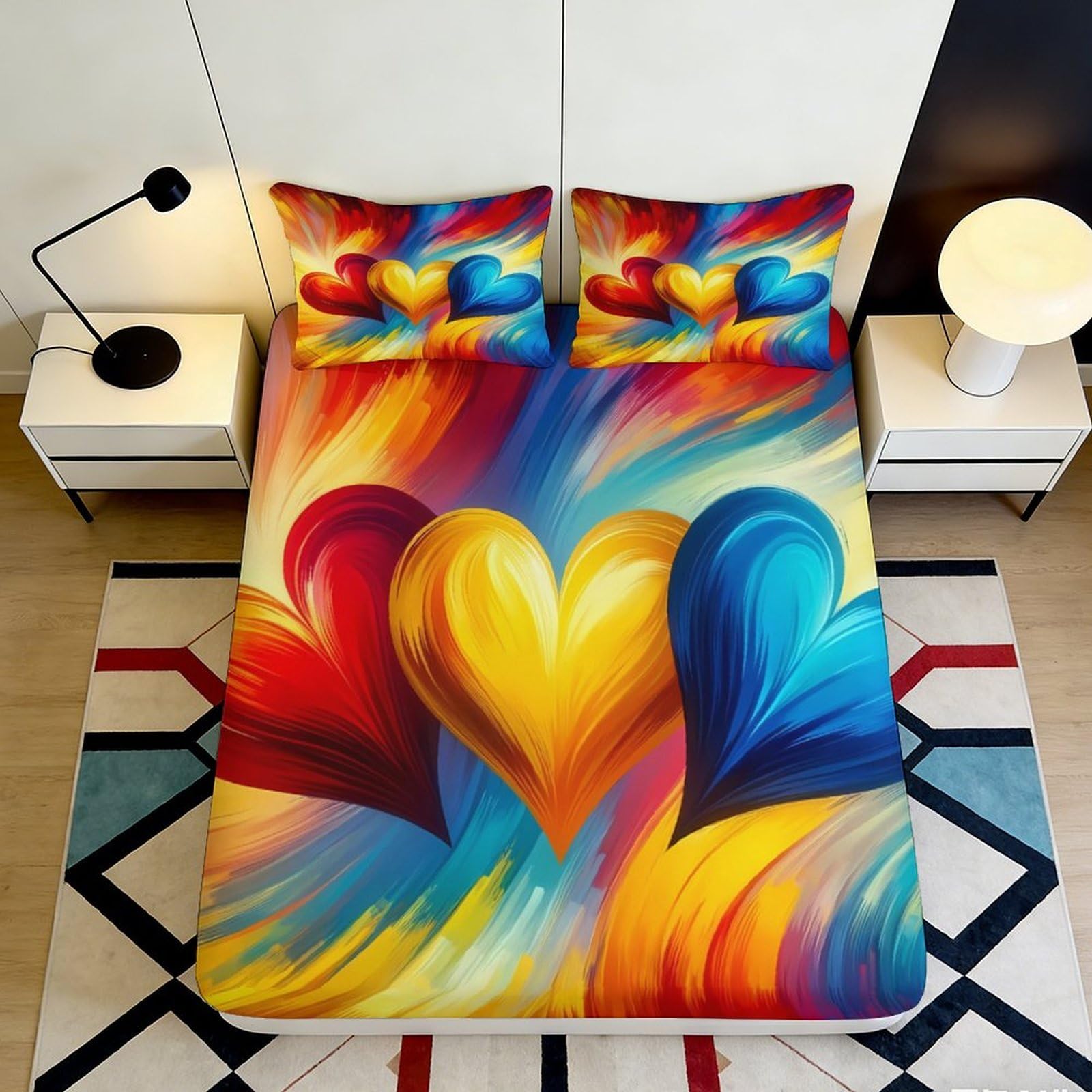 3D Printed Colorful Heart Pattern Fitted Sheet Microfiber Soft Breathable Vibrant Love Design Mattress Cover for Bedroom Dormitory Guest Room Protection 140x200x25cm