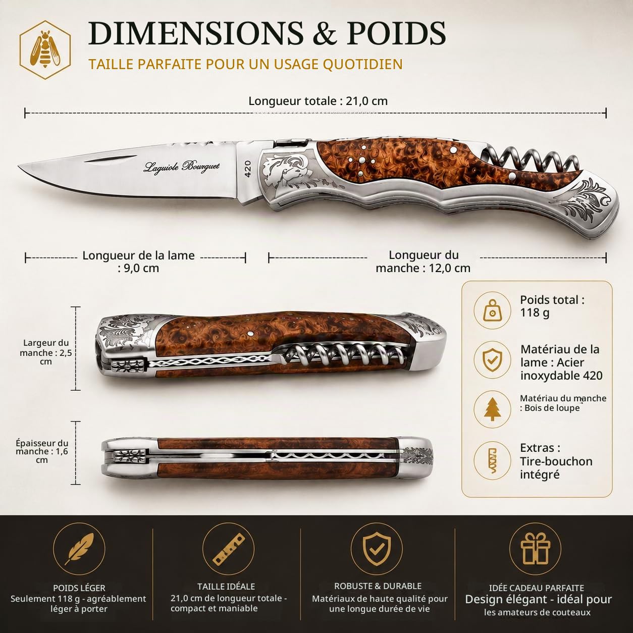 Couteau Pliant Manche en Bois – Couteau de Poche pour EDC & Outdoor