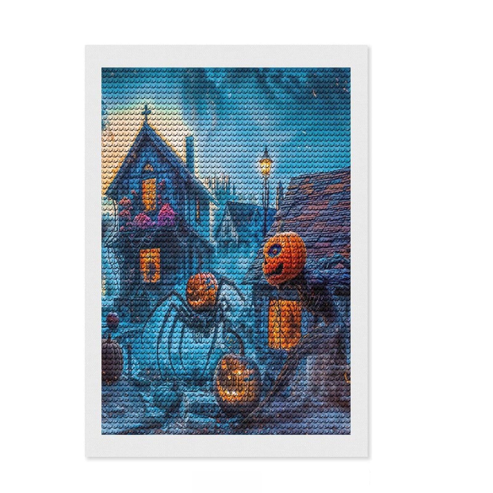 Junmoney Monsters and Pumpkins on Halloween Diamond Art Canvas 8"x12", for Women, Bedroom Decor, Pleasing Wall Art Project, Birthday Gift, Simple to Start