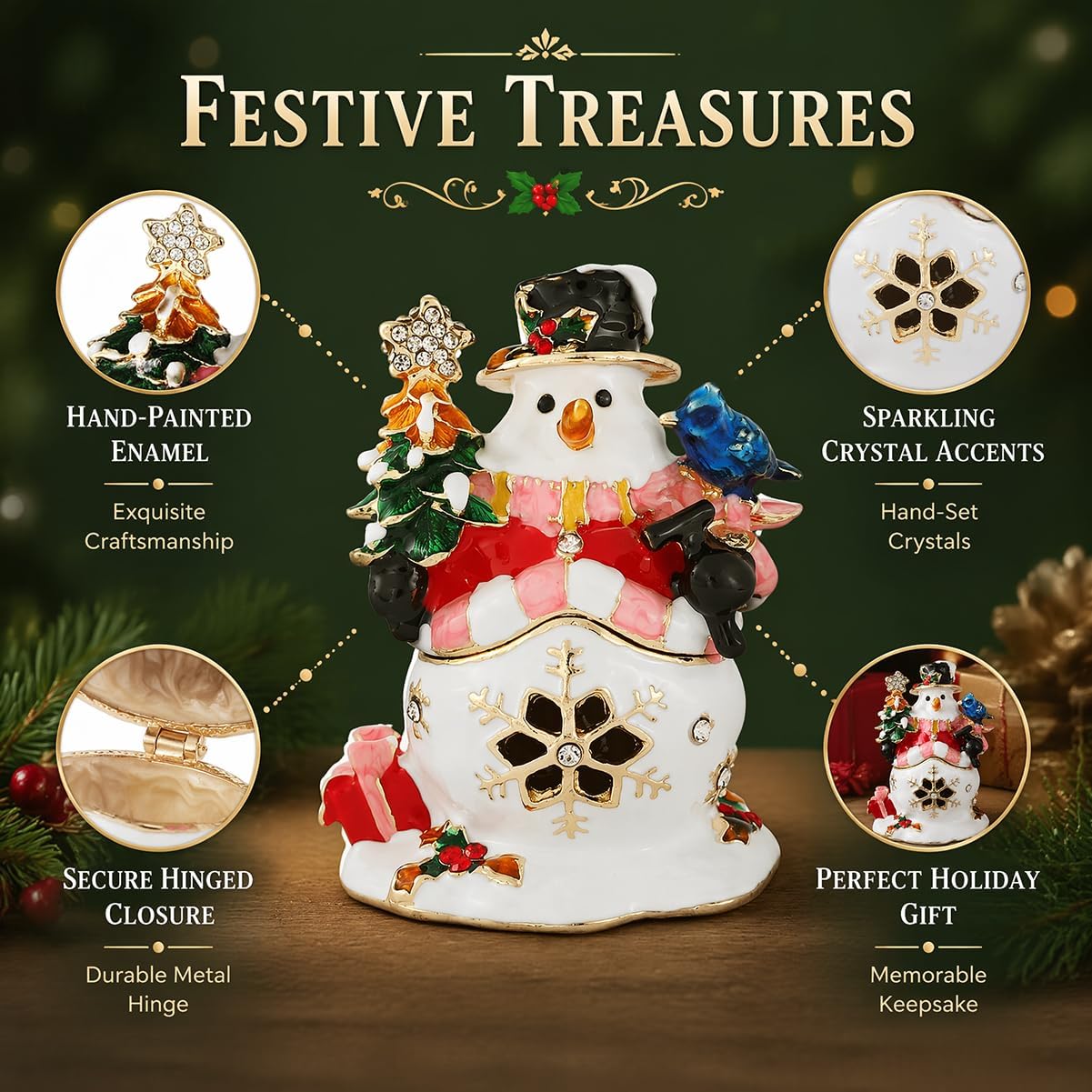 Snowman Trinket Boxes Hinged Christmas Ornament Hand-Painted Small Jewelry Box Enamel Christmas Gift