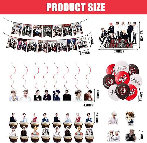 Miniatura 3 de 110 piezas de suministros para fiesta de cumpleaños de Stray-Kids, incluyendo pancarta, decoración de pastel, decoración de cupcakes, remolinos