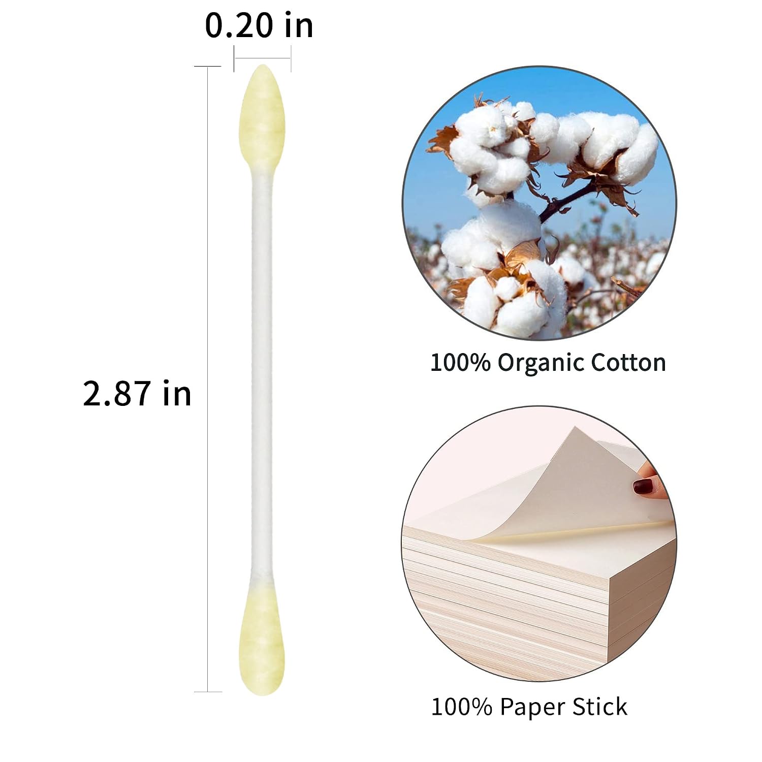 HOMEFOX Yellow Cotton Swabs Precision Pointed - 200 Count Pointy Organic Cotton Buds Double Side Tightly Wrapped Cotton Tips Paper Stick Soft Gentle Cruelty-Free, Pointy & Round (Lemon Yellow)