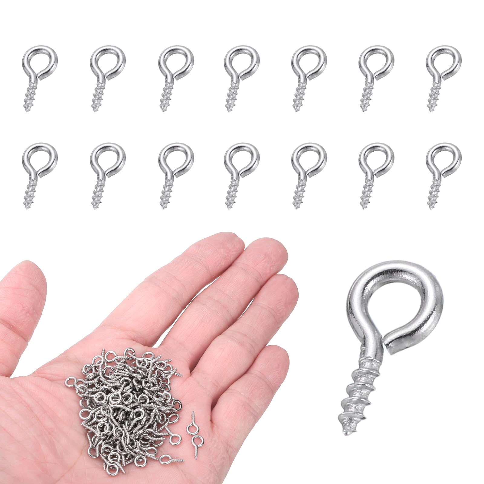 sourcing map 200Pcs Screw Hooks Eyes, M1.2x10mm 304 Stainless Steel Small Eye Bolts Screw, Self Tapping Eye Bolts Closed-End for DIY Handwork Wooden Clay Pendants Cork Bottles, Silver Tone