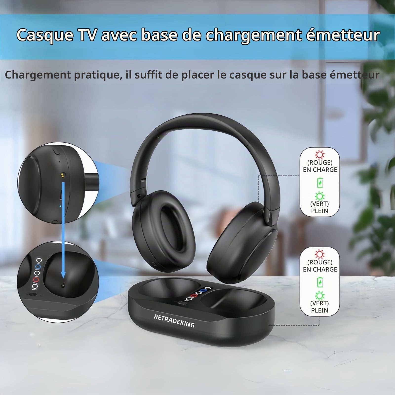 Casque TV sans Fil Supra-Auriculaire pour Personnes âgées, Casque Bluetooth 50 heures, Compatible avec Tous les TVs