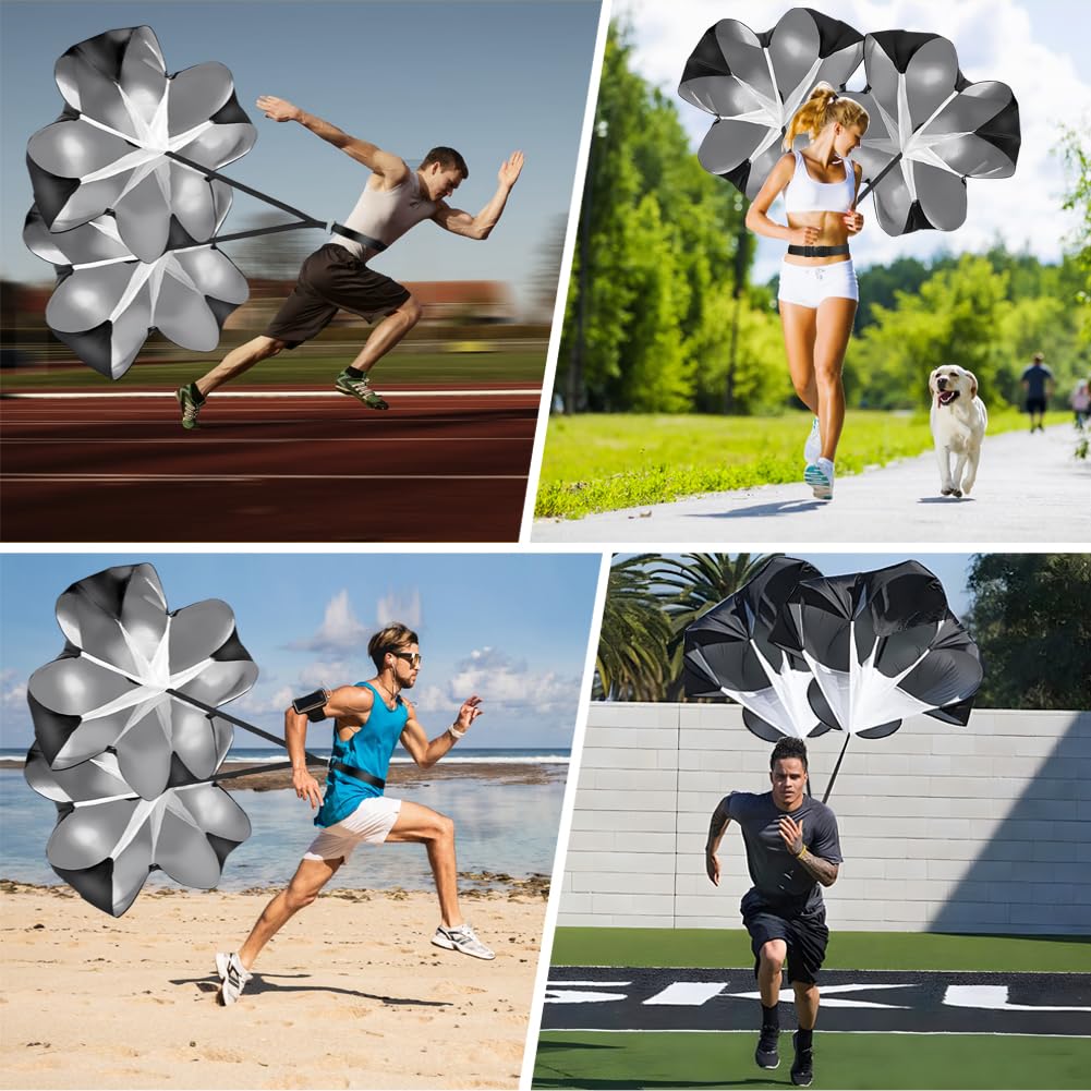 Running Speed Sprint Widerstand Fallschirm 2er-Pack, 54 Zoll Trainer Geschwindigkeit Fallschirm für Sprinten mit verstellbaren Riemen für Sprinten, Rugby, Fußball-Training, Fitness