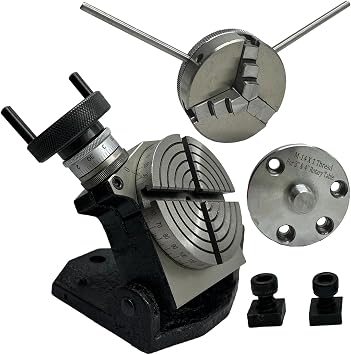 MachEl Precision 4"/100mm Tilting Milling Rotary Table with 65mm 3-Jaw Self-Centering Chuck, Back Plate, and T-Nut Fixing Kit