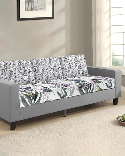 Miniatura 2 de Fundas de cojín para sofá botánico gris, funda elástica para sofá con parte inferior elástica, diseño de plantas pastorales y pájaros florales de