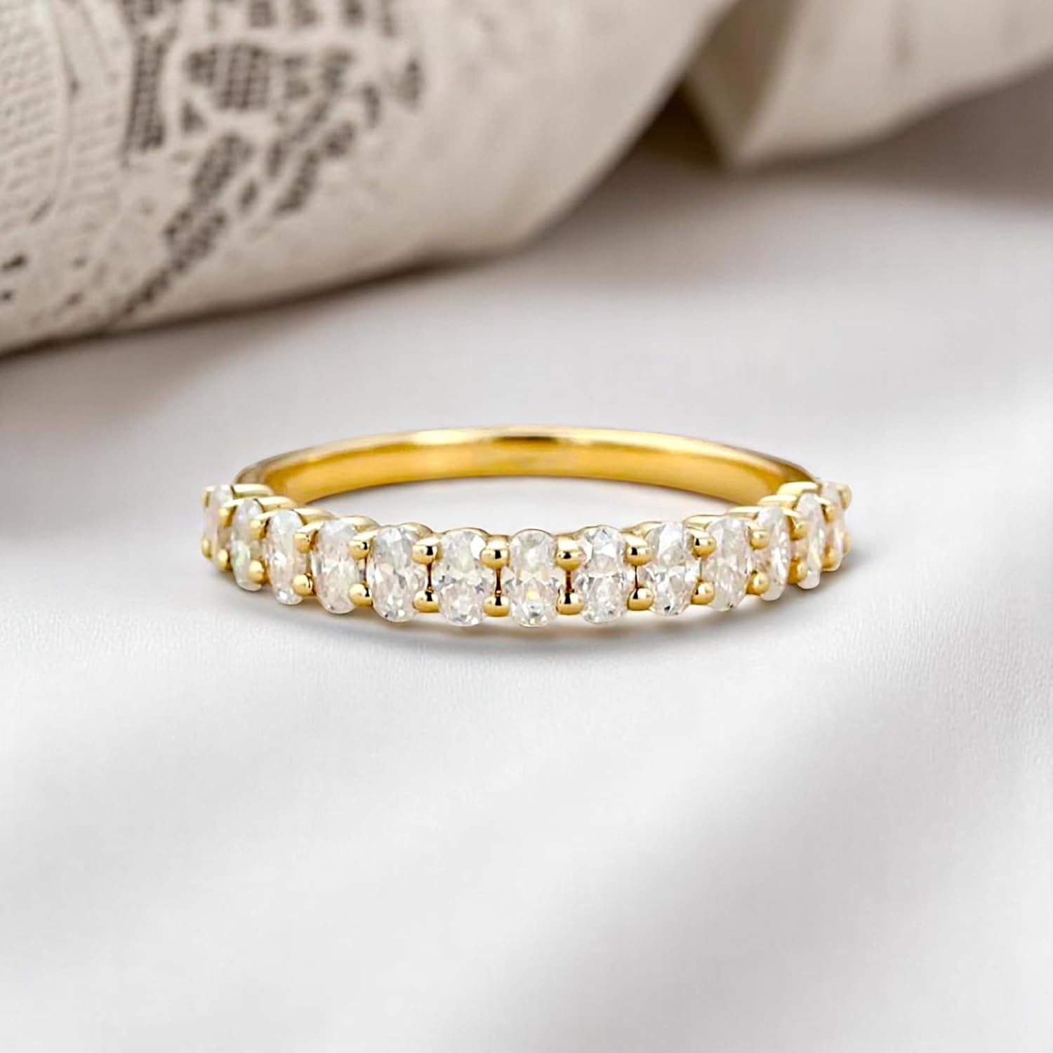 Unique Moissanite wedding band women Oval cut Half eternity band Rose gold Plated wedding band Stacking Matching bridal ring promise ring