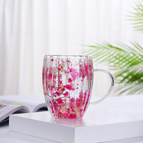 JCHENG SECURITY High Borosilicate Glass Double-Layer Dry Flower Cup Striped Household Anti-Scald Insulated Coffee Cup Creative Style with Handle (Deep Pink)