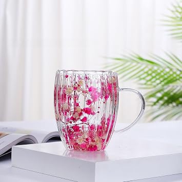 JCHENG SECURITY High Borosilicate Glass Double-Layer Dry Flower Cup Striped Household Anti-Scald Insulated Coffee Cup Creative Style with Handle (Deep Pink)