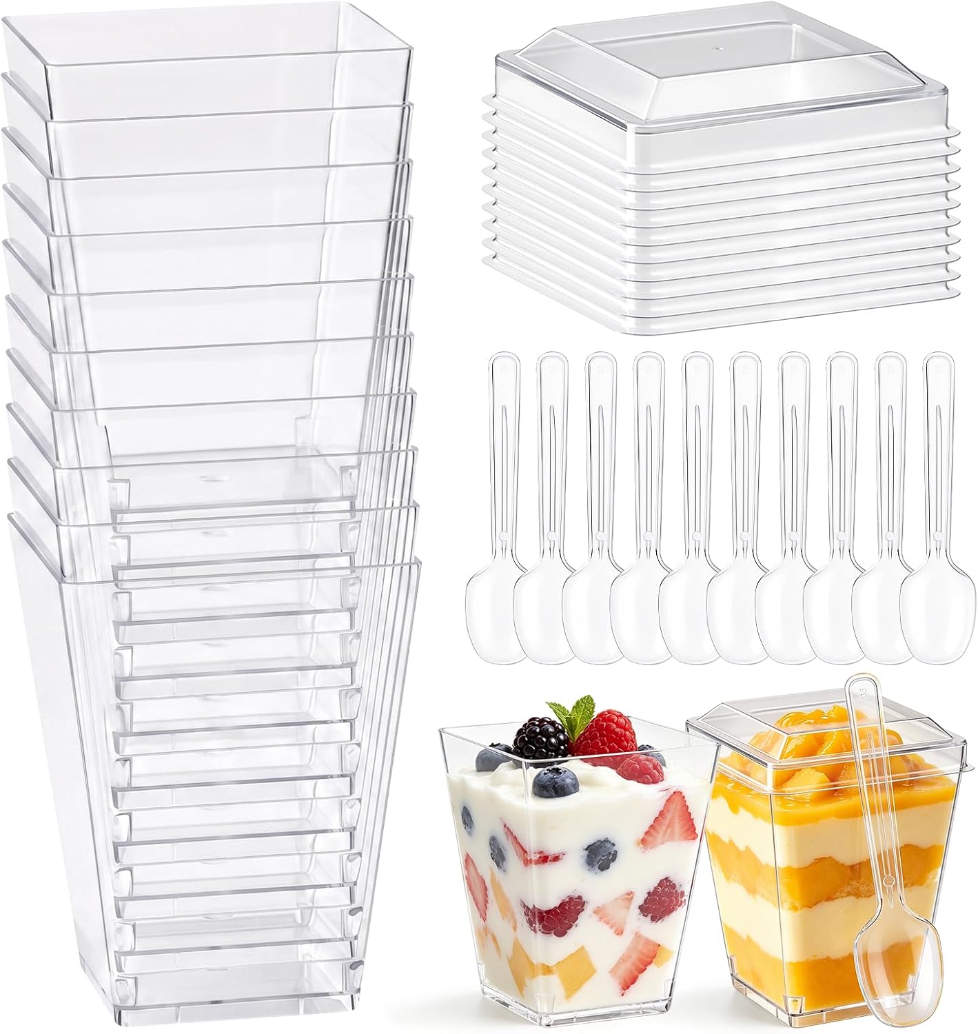 30 PCS 5 oz Clear Plastic Dessert Cups with Lids & Spoons,Mini Reusable Dessert Shooter Cups, Clear Square Cups for Party Yogurt Parfait Jello Fruit Appetizer Cocktail