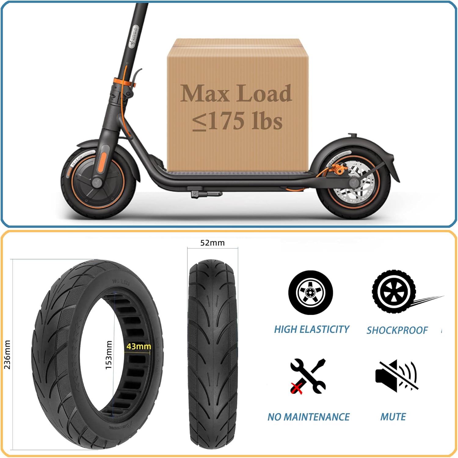 10x2.125 Solid Rubber Tire for Segway Ninebot F20/F25/F30/F40/F65/D18W/D28U/D38U Electric Scooter Accessories 10 Inch Scooter Tire Wheel Replacement Non-slip Anti-shock (1 Pc)