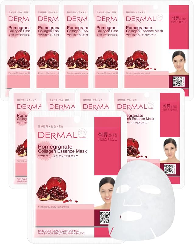 Máscara facial de folha com colágeno e romã DERMAL, Pacote com 10