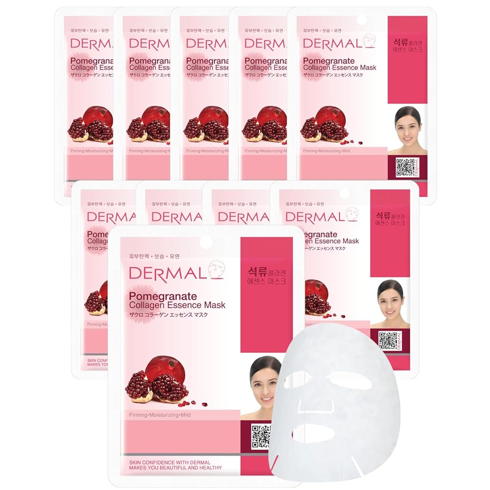 DERMAL Pomegranate Collagen Korean Facial Mask Sheet Pack of 10- Revitalizing, Vibrant Skin, Elasticity - Hypoallergenic Skin Friendly Sheet