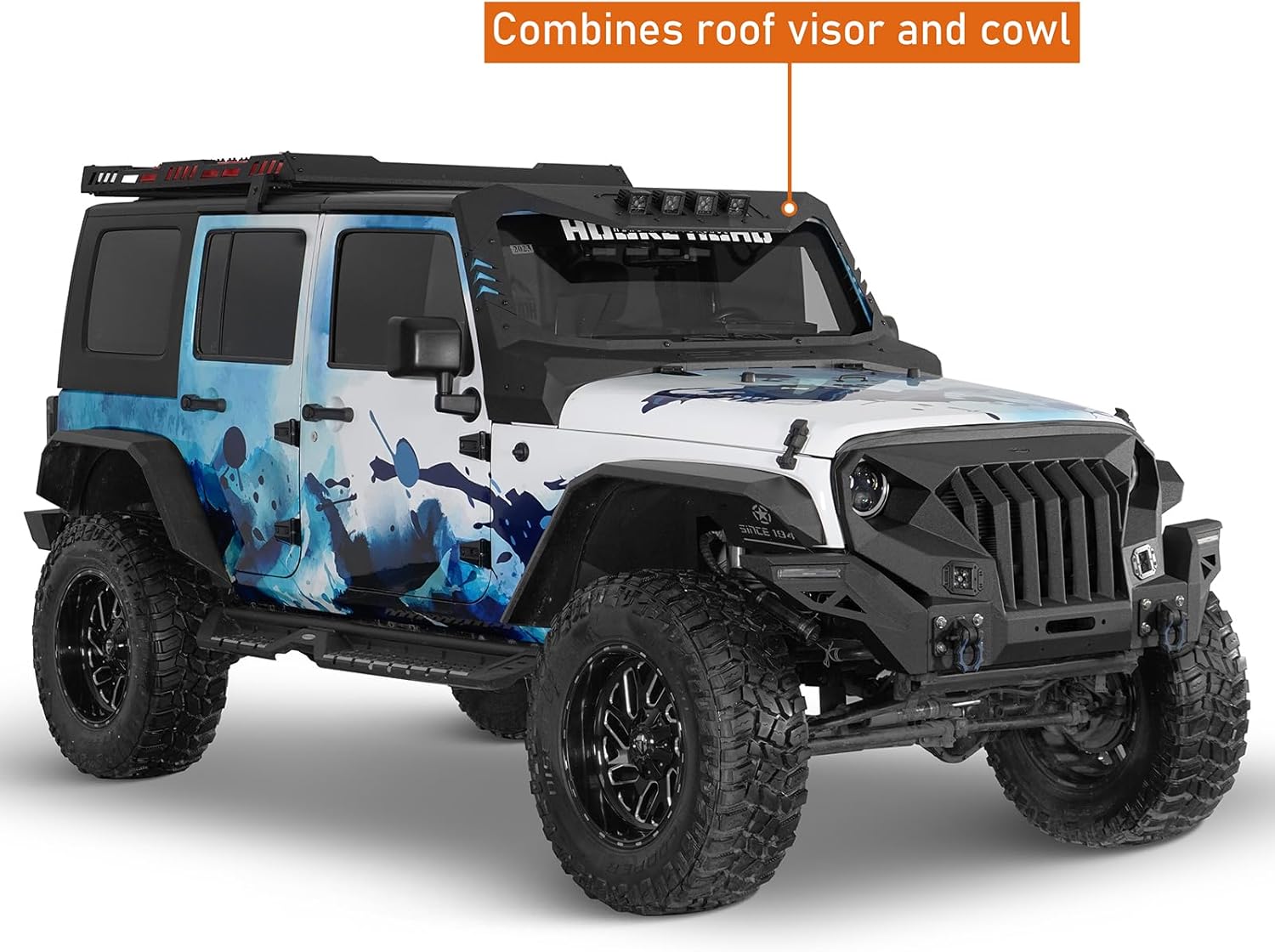 Hooke Road Mad Max Windshield Frame Cover Roof Sun Visor Cowl Body Armor for 2007-2018 Jeep Wrangler JK & Unlimited Include 4 LED Light Pods