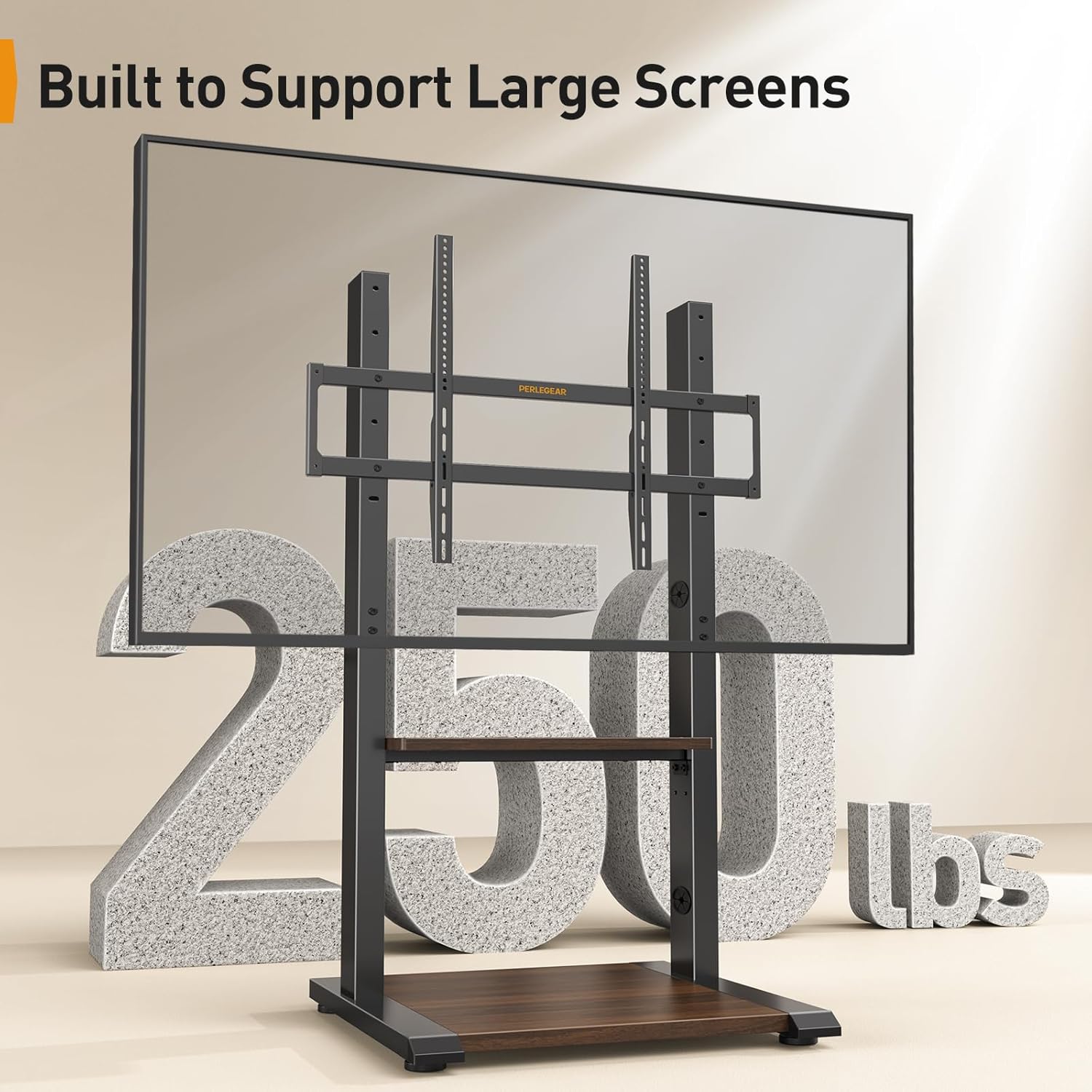 Perlegear Floor TV Stand for 50–110″ TVs with Power Strip, Holds Up to 250 lbs, Universal Standing TV Mount with Adjustable Shelf & Feet, Max VESA 800x600mm, Tall TV Stand for Living Room, PGFS20B